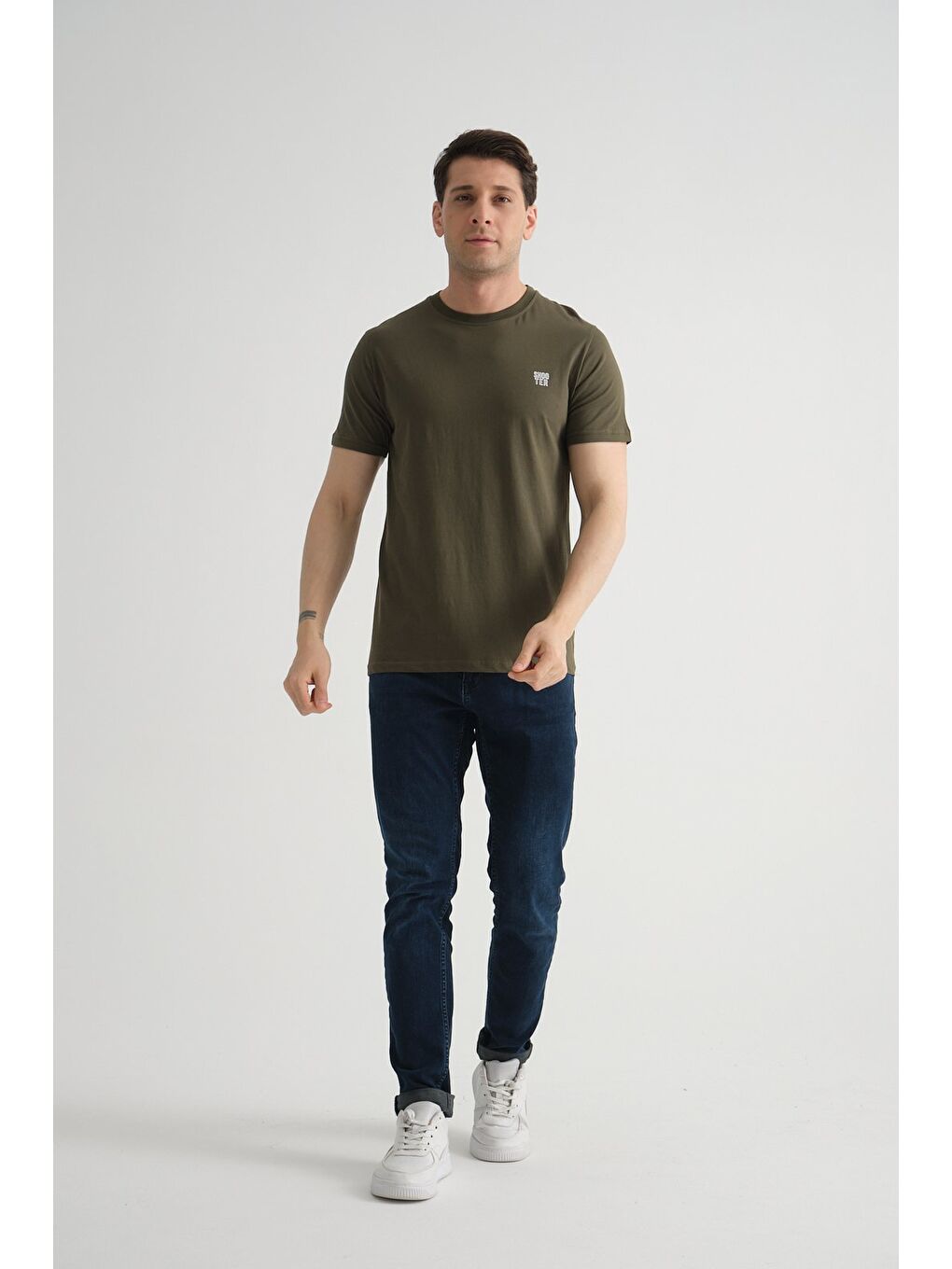 Haki Shooter Erkek Pamuklu Esnek T-shirt  Standart Kalıp Minimal Logolu-3