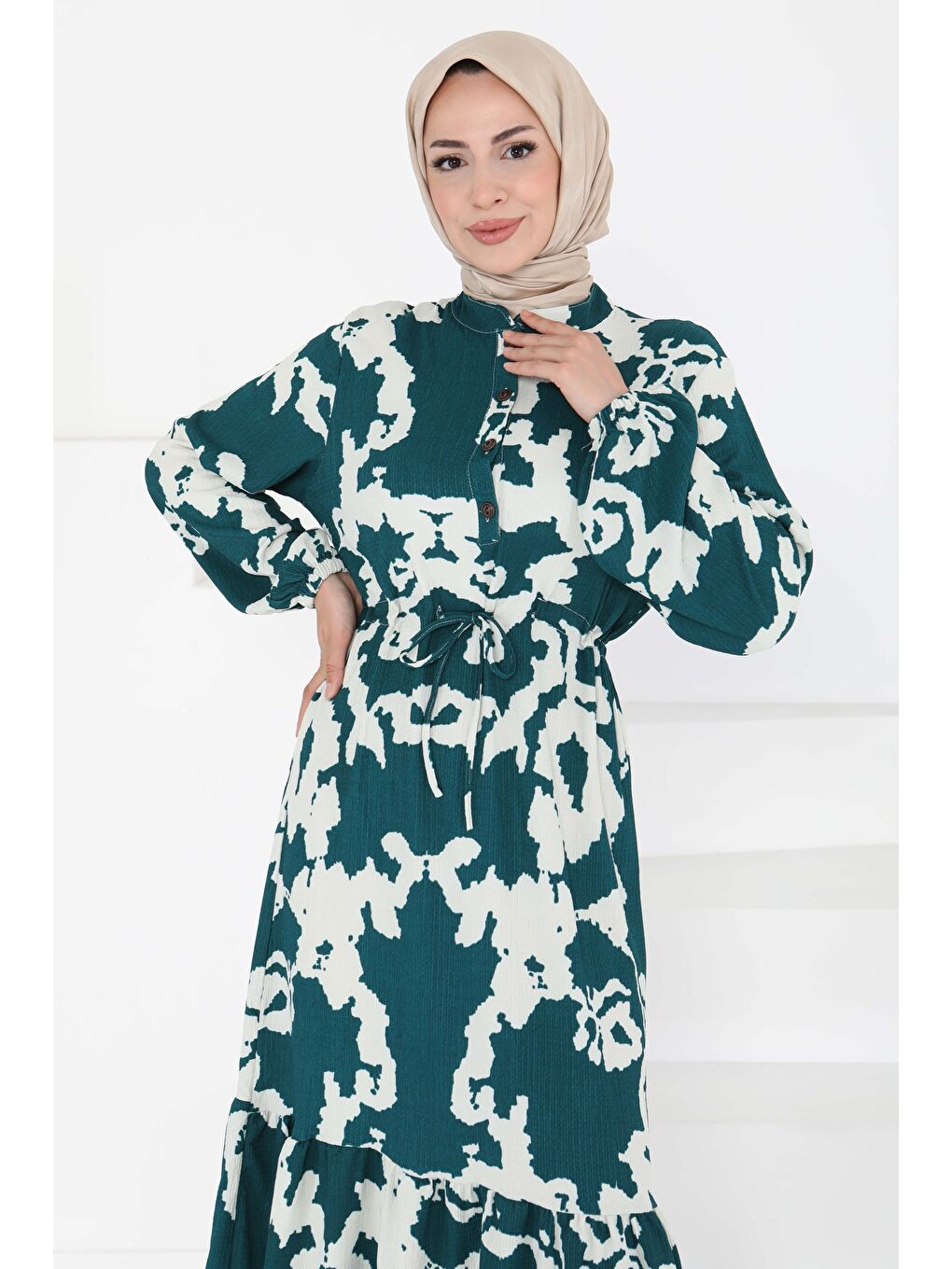 Yeşil Desenli Düğmeli Elbise Zumrut - 27189-2