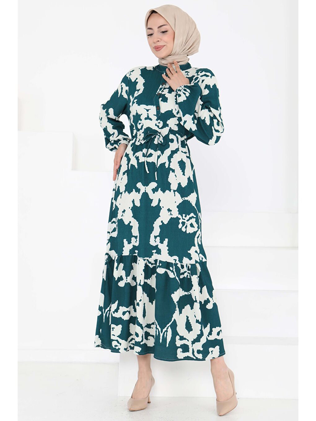 Yeşil Desenli Düğmeli Elbise Zumrut - 27189-3