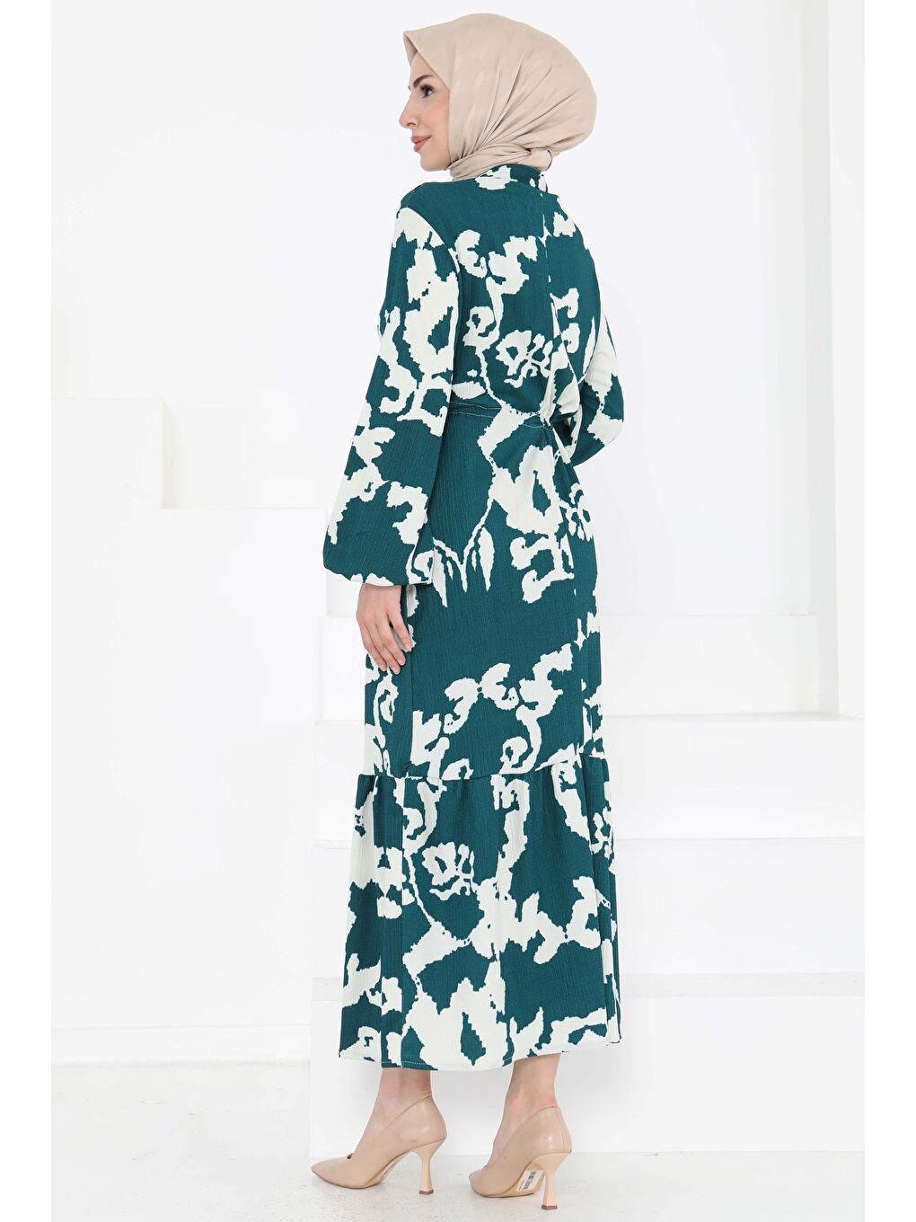 Yeşil Desenli Düğmeli Elbise Zumrut - 27189-5