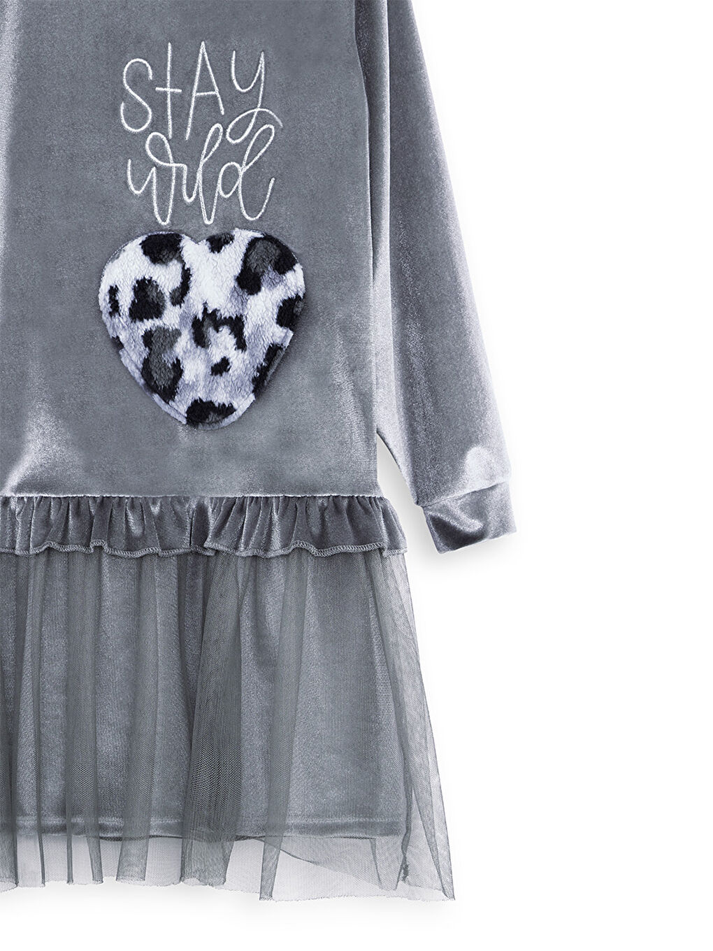 Leopar Cepli Kız Çocuk Gri Kadife Elbise-4