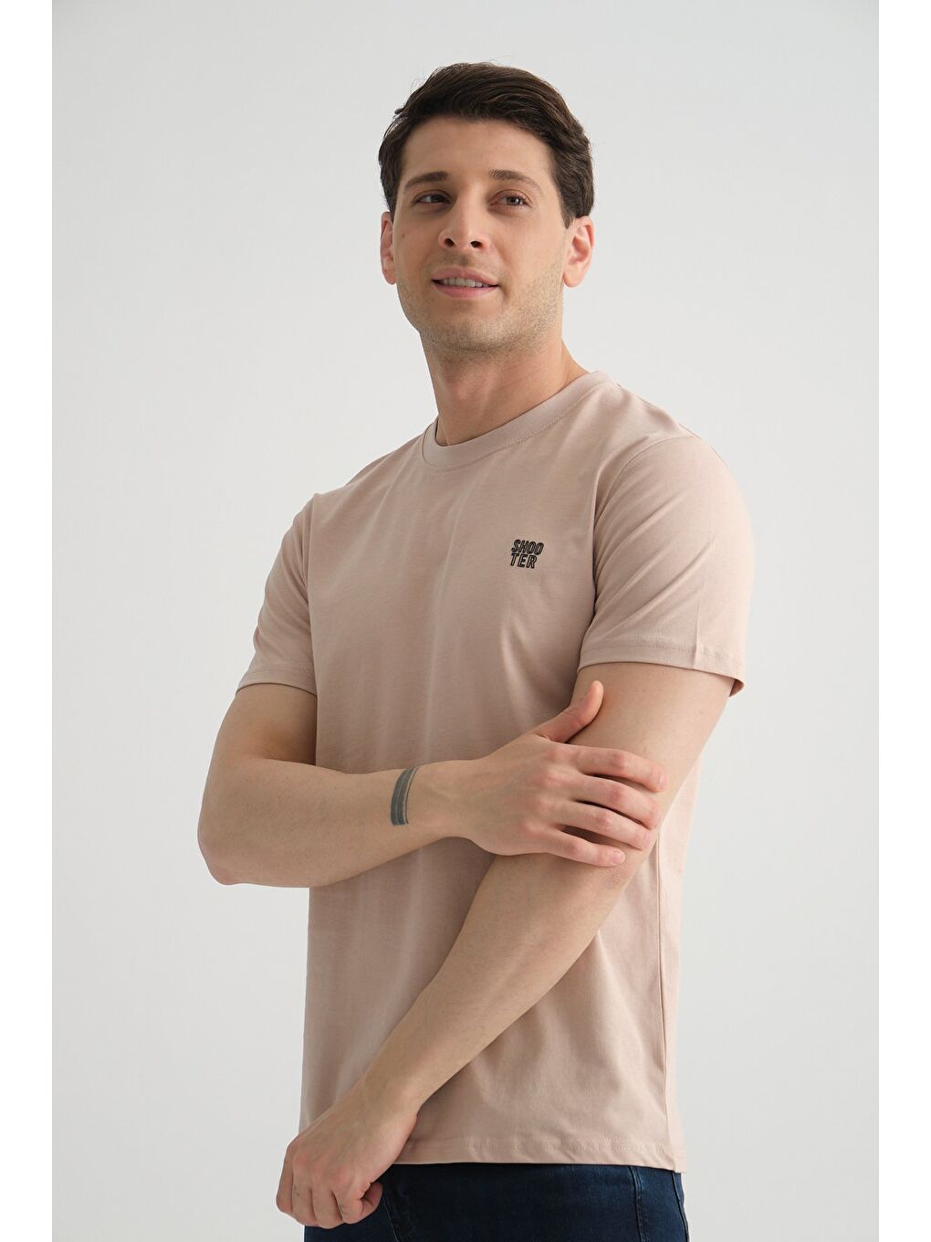 Bej Taş Shooter Erkek Pamuklu Esnek T-shirt  Standart Kalıp Minimal Logolu-6