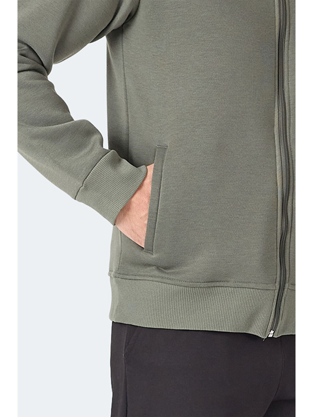 MAJESTIC I Erkek Fermuarlı Kapüşonlu Cepli Haki Sweatshırt-4
