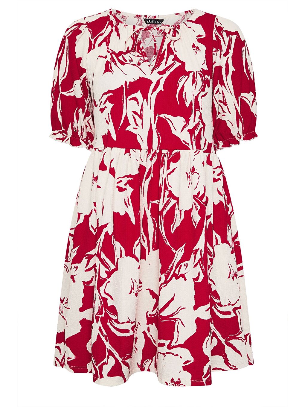 Kırmızı Büyük Beden Yakası Bağlamalı Çiçek Desenli Bürümcük Kumaş Diz Üstü Elbise 304113-4