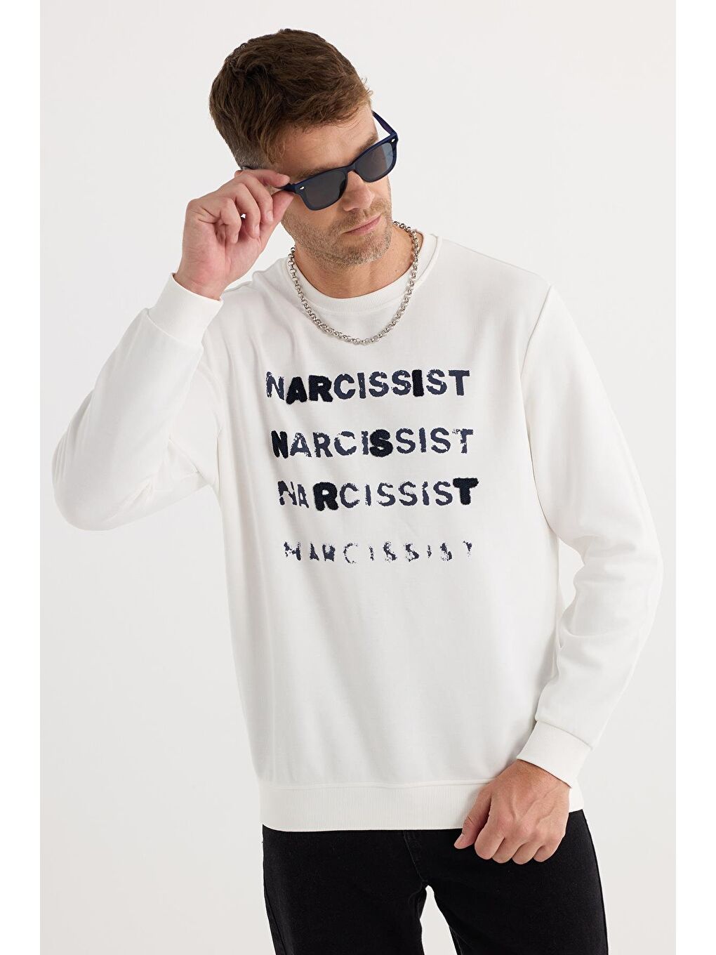 Unisex Oversize Geniş Kesim Pamuklu Yumuşak Dokulu Bisiklet Yaka İçi Polarlı Baskılı Ekru Sweatshirt-1