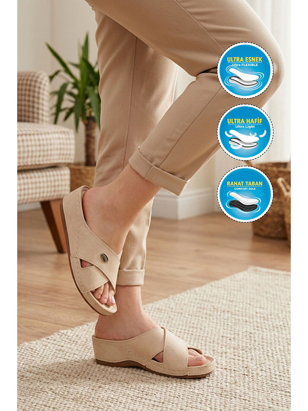 Bej Topuk Jel Destekli Anatomik Kadın Terlik 09-063 Z-2