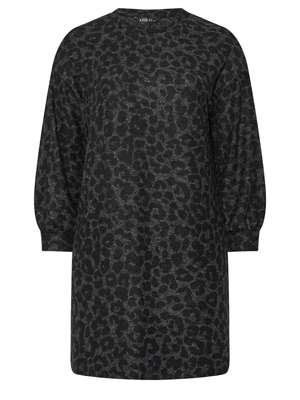 Antrasit Büyük Beden Uzun Kollu Leopar Desenli Diz Üstü Elbise 285058-4