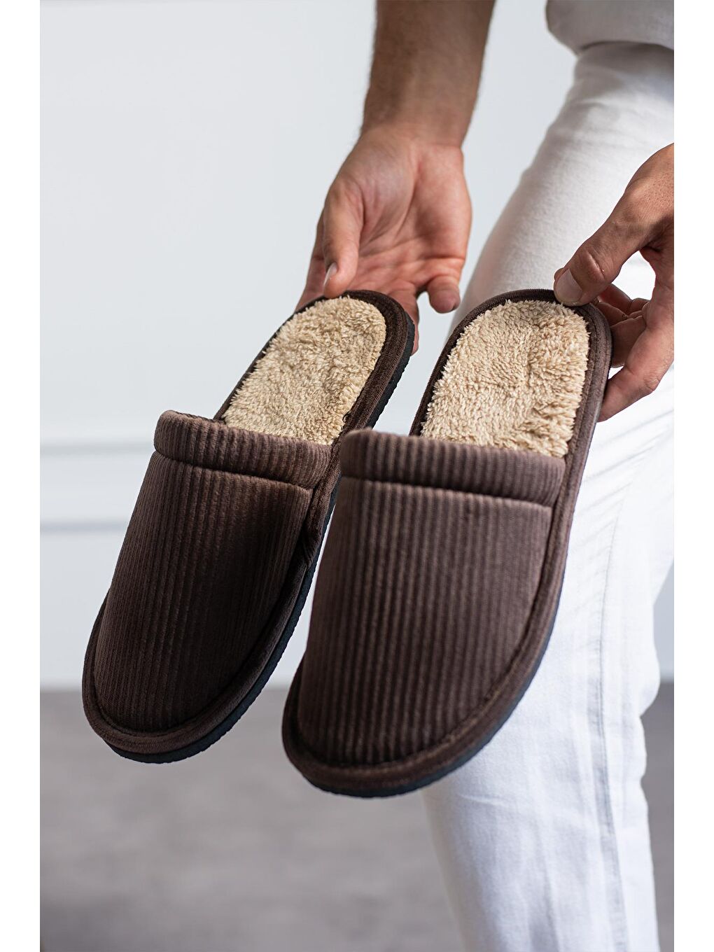Kahverengi FİTİLLİ DÜZ Unisex Ev Terliği Kışlık Kadın Erkek Terlik-2
