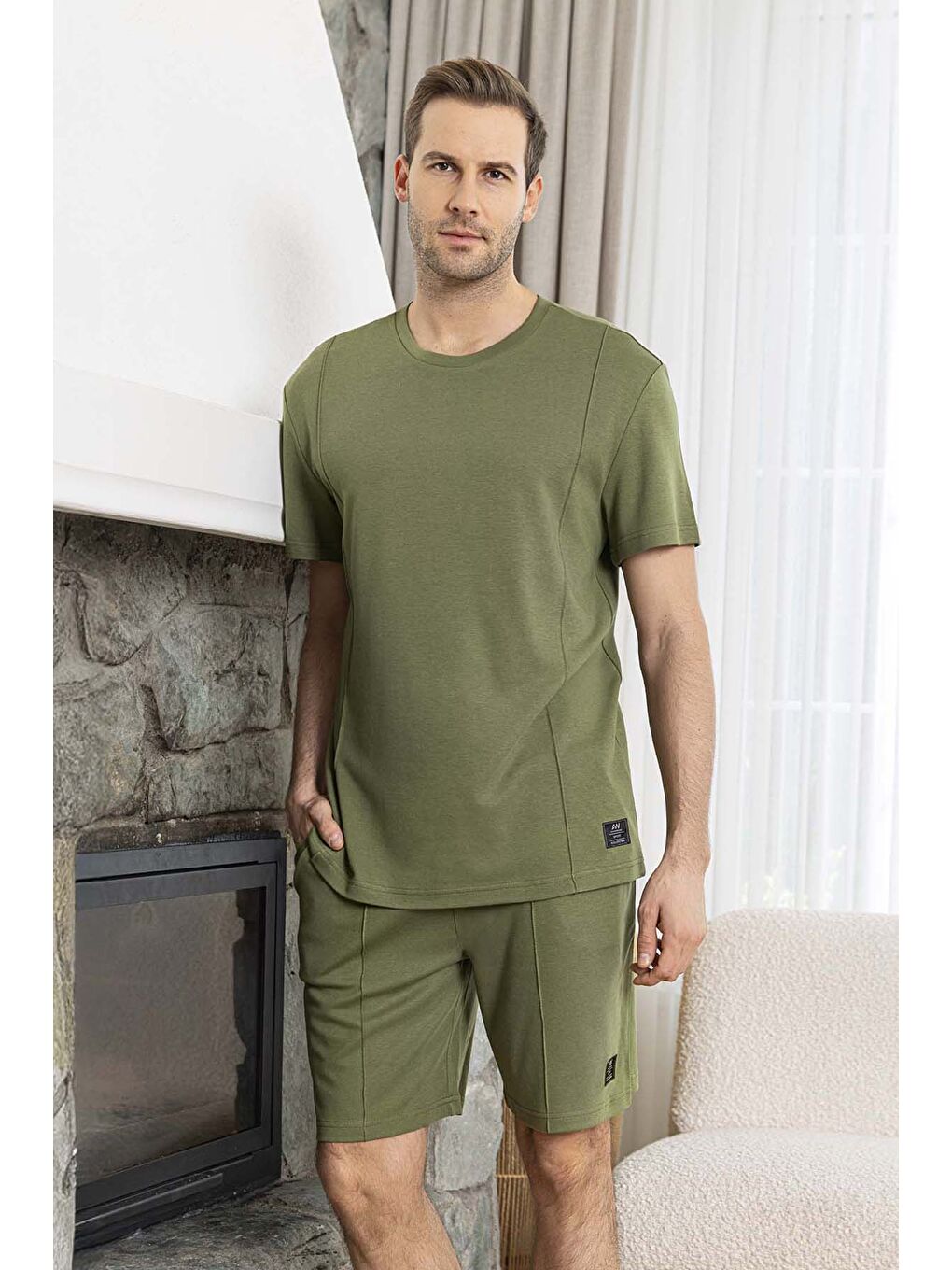 Erkek Kısa Kol Şortlu Bambu Pijama Takımı 260021 Haki02-3