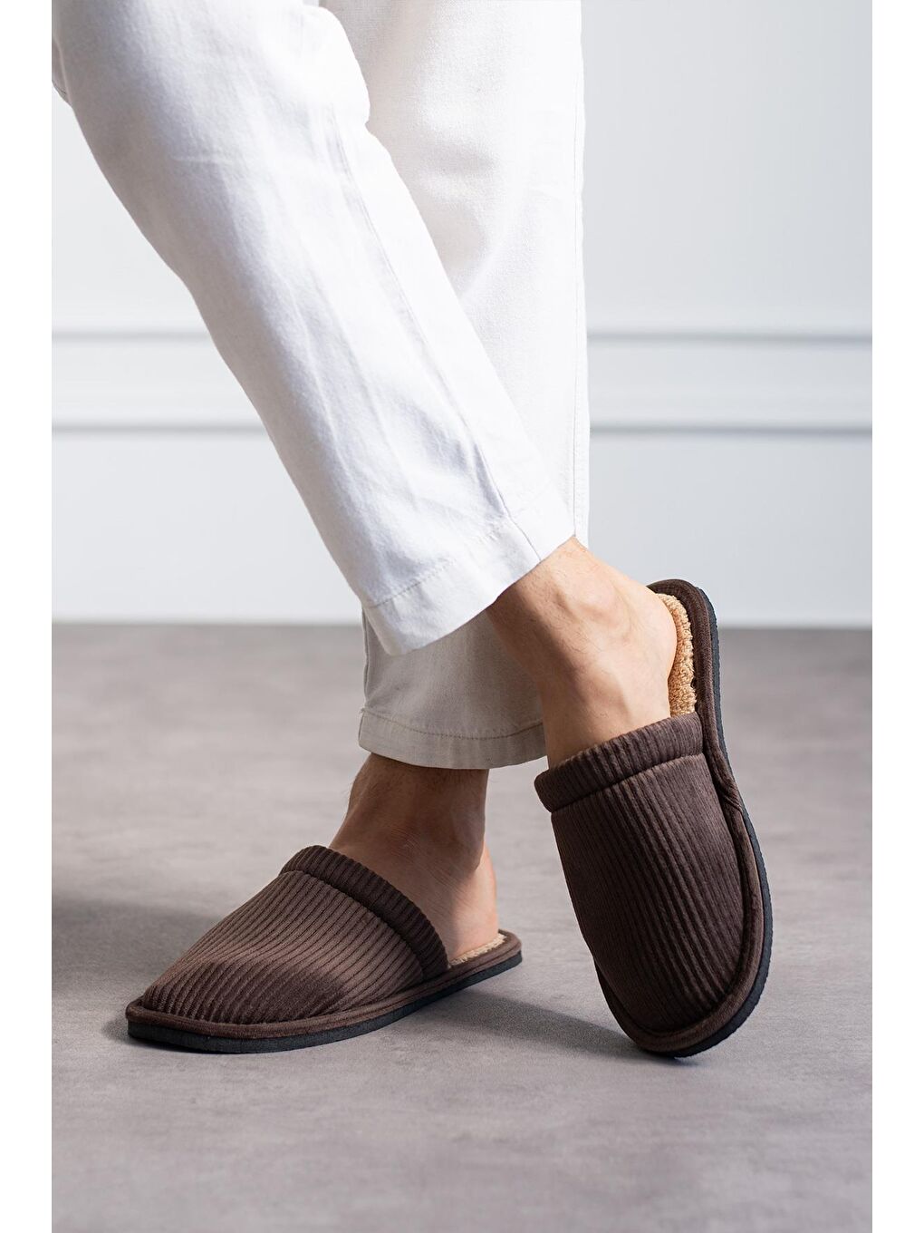 Kahverengi FİTİLLİ DÜZ Unisex Ev Terliği Kışlık Kadın Erkek Terlik-3