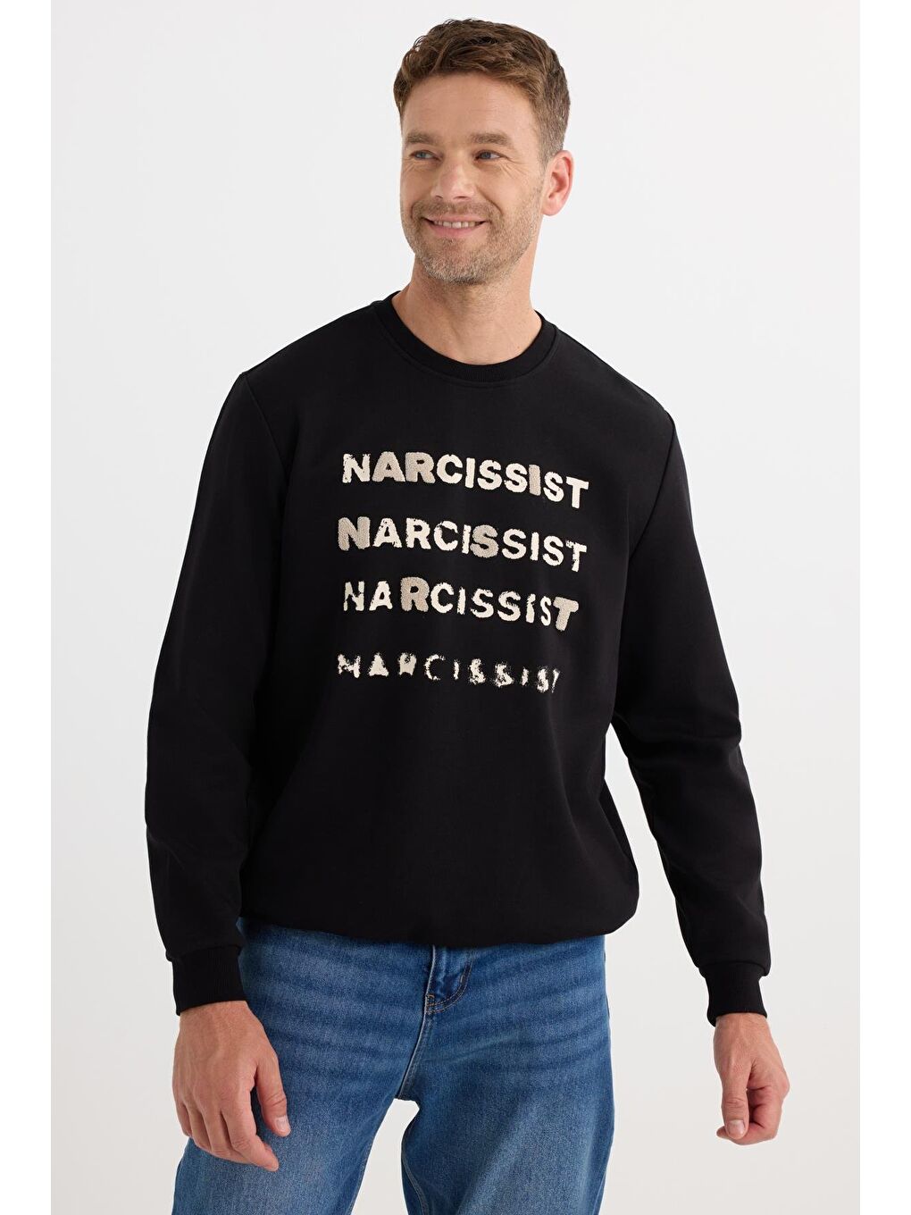 Unisex Oversize Geniş Kesim Pamuklu Yumuşak Dokulu Bisklet Yaka İçi Polarlı Baskılı Siyah Sweatshirt-3