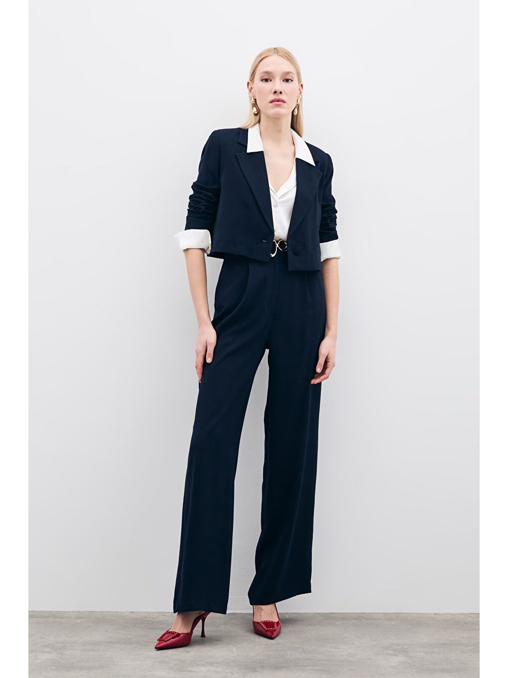 Pileli Krep Pantolon - Lacivert-1