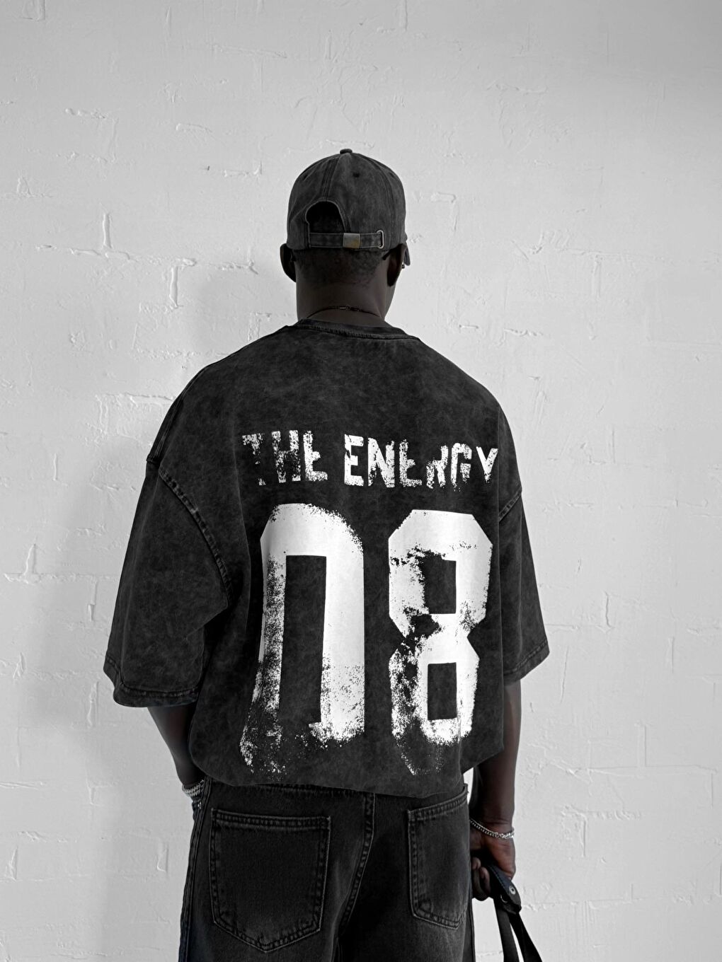 Erkek Eskitme Efektli Yıkamalı Baskılı Oversize Tişört Siyah