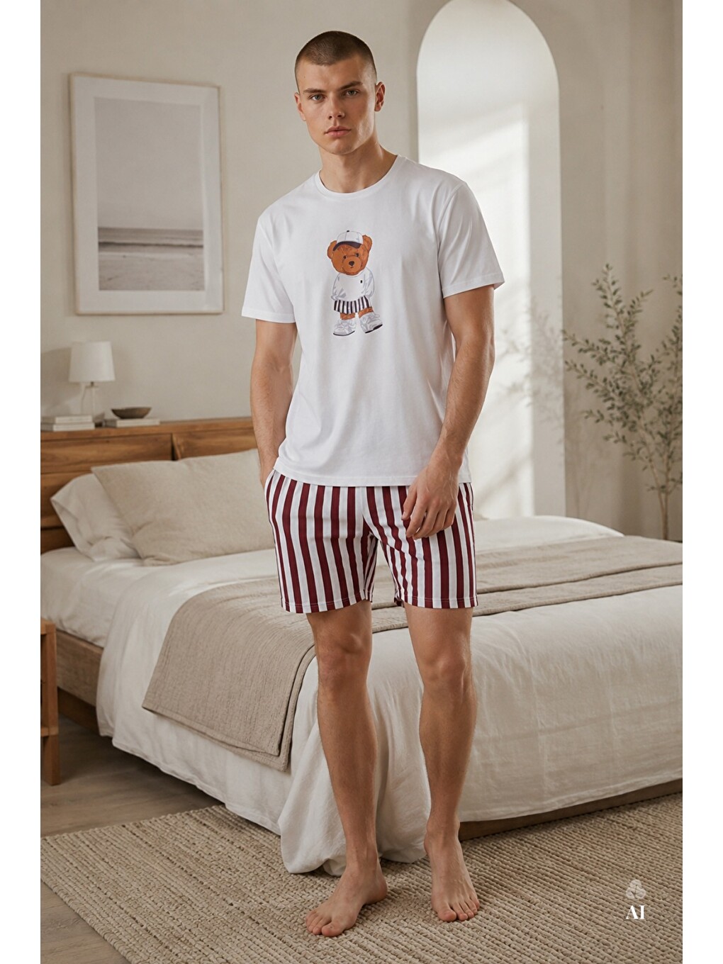 Kahverengi Erkek Pamuklu Mavi Baskılı Cepli Şort Pijama Takımı-1