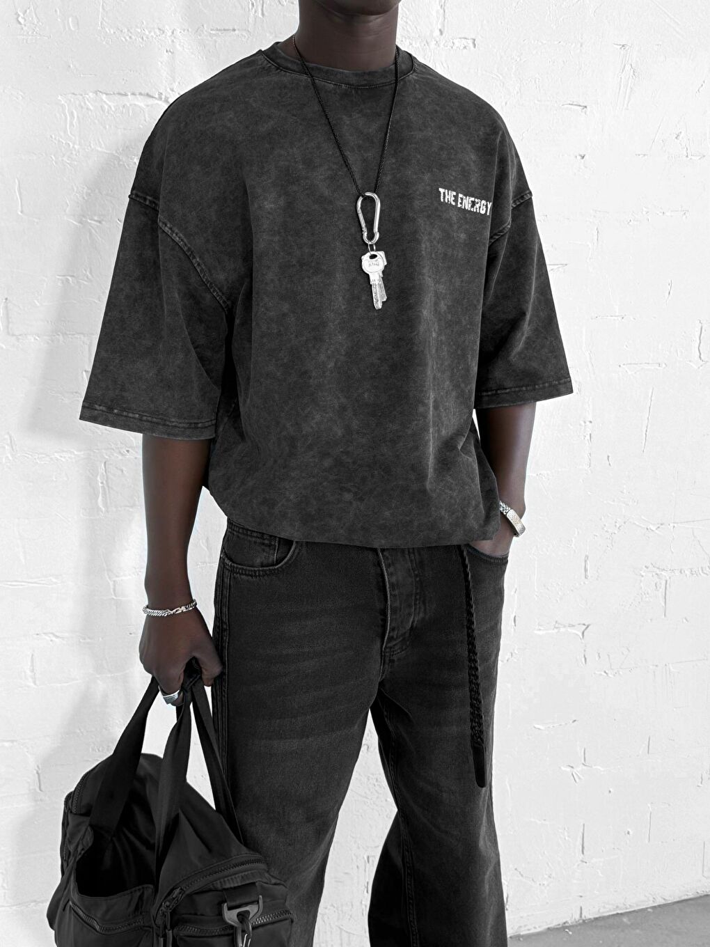Erkek Eskitme Efektli Yıkamalı Baskılı Oversize Tişört Siyah-1