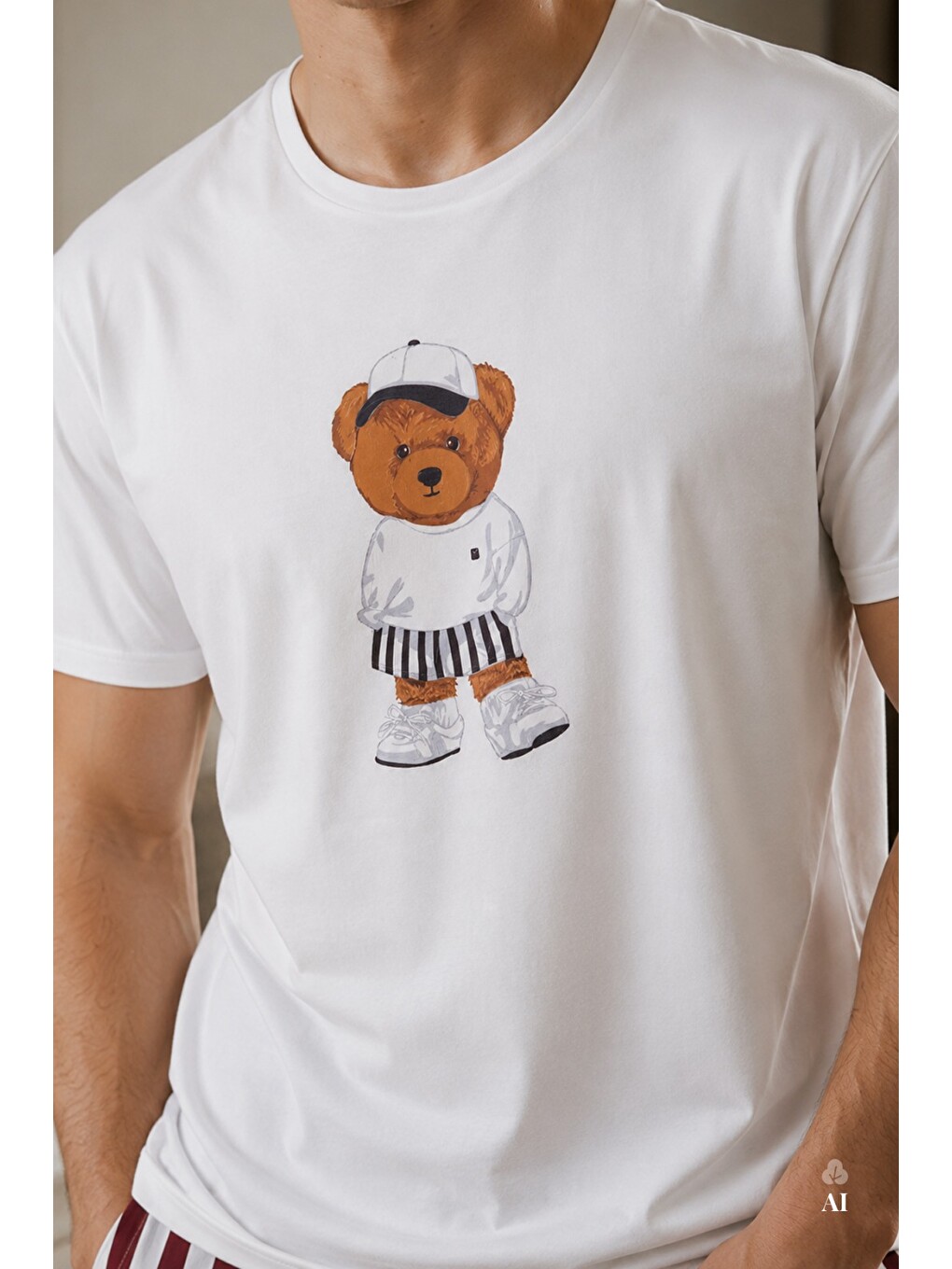 Kahverengi Erkek Pamuklu Mavi Baskılı Cepli Şort Pijama Takımı-2