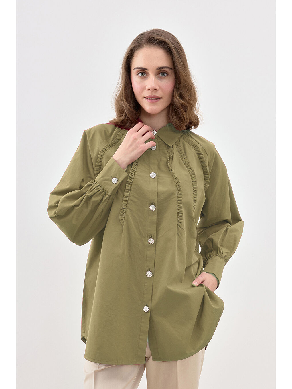 Taşlı Düğme Detaylı Gömlek Tunik 2844 Haki-1