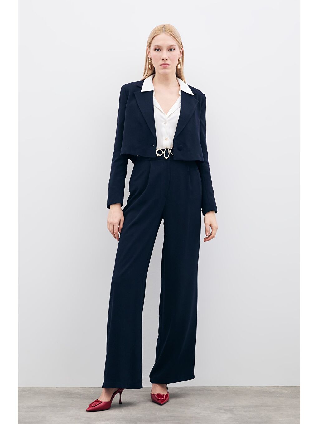 Pileli Krep Pantolon - Lacivert-2