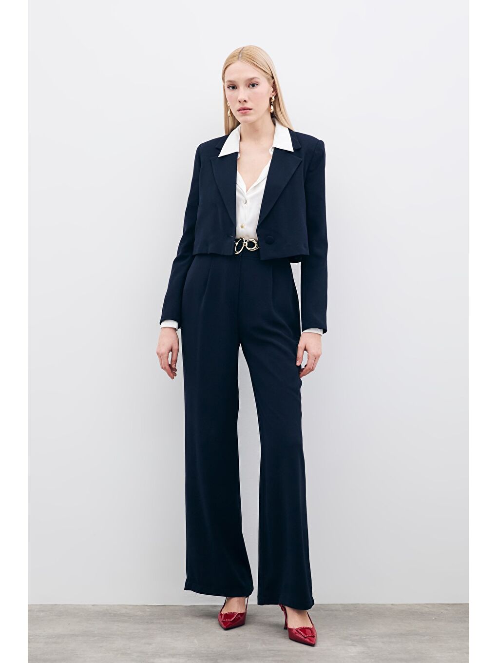 Pileli Krep Pantolon - Lacivert-3