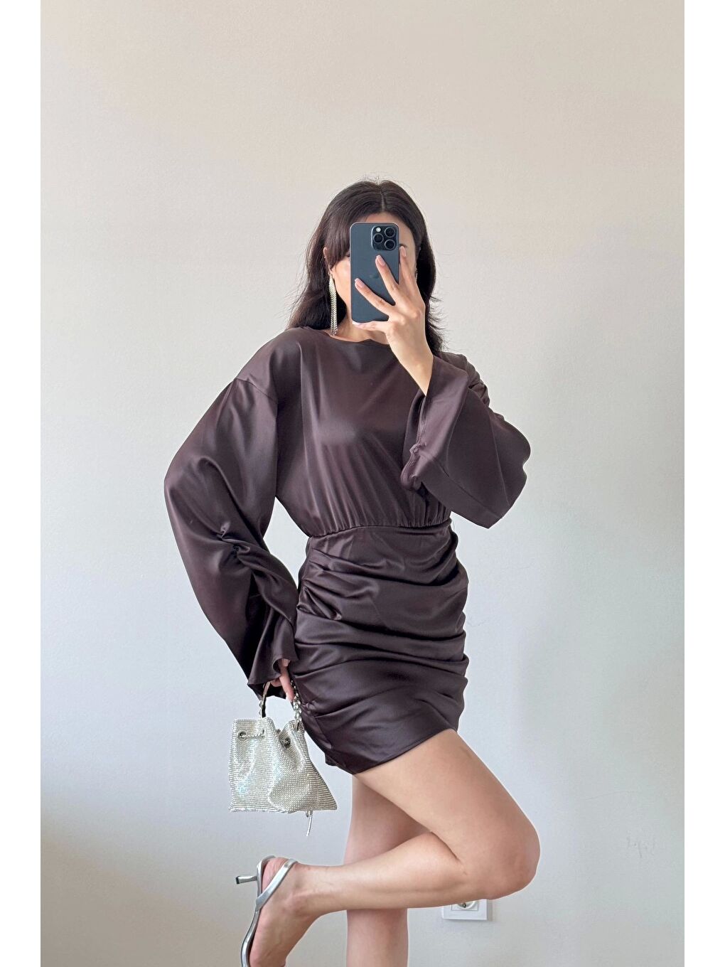 Kahverengi Kadın Kahve Büzgülü Elbise 1041-3751-1