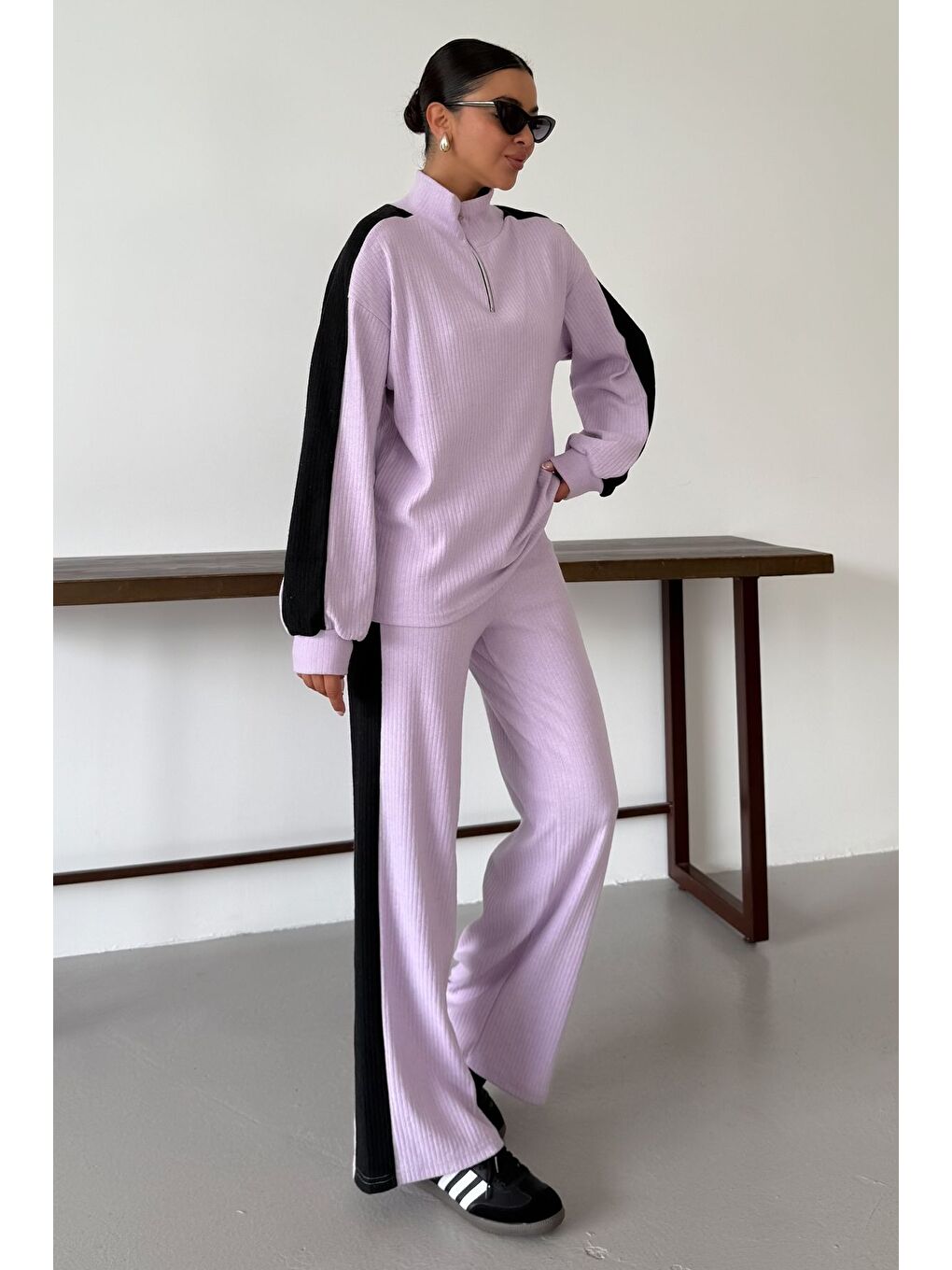 Mor Kadın Eflatun Dik Yaka Yarım Fermuarlı Kalın Çizgi Detaylı Alt-Üst Takım-1