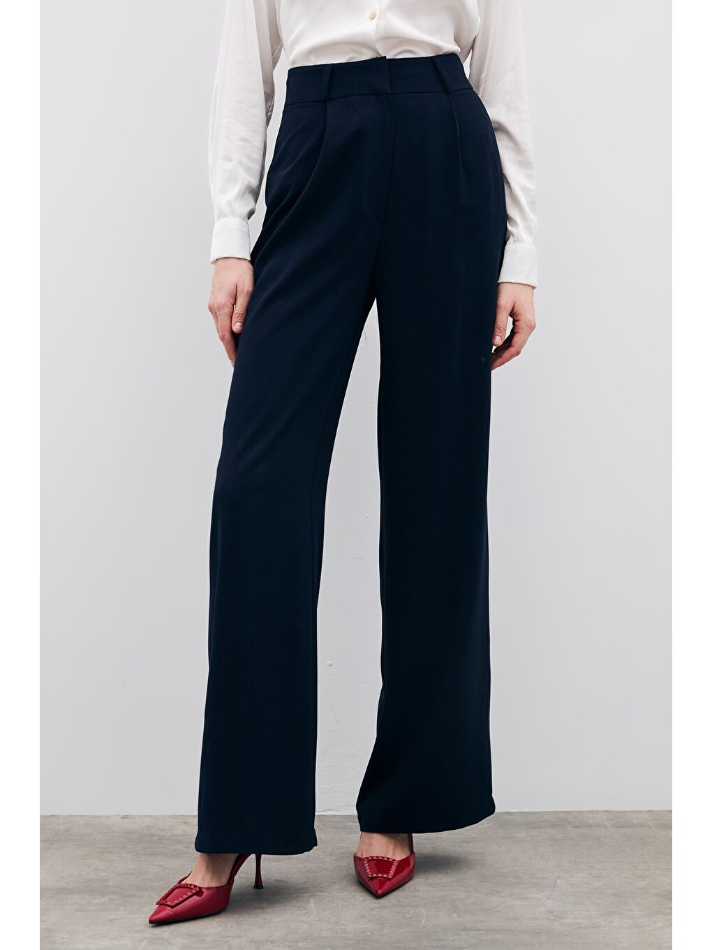 Pileli Krep Pantolon - Lacivert-4