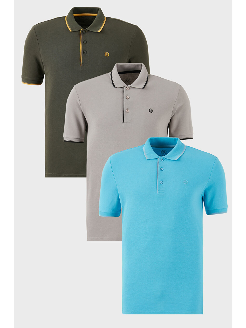 Haki Pamuklu Slim Fit Şerit Detaylı Düğmeli Polo Yaka 3'lü Paket T Shirt 5902118S3