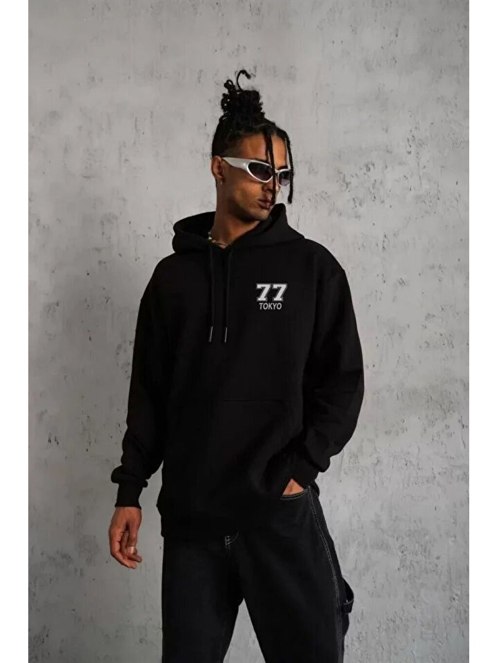 Unisex Kapüşonlu Baskılı Sweetshirt - Siyah