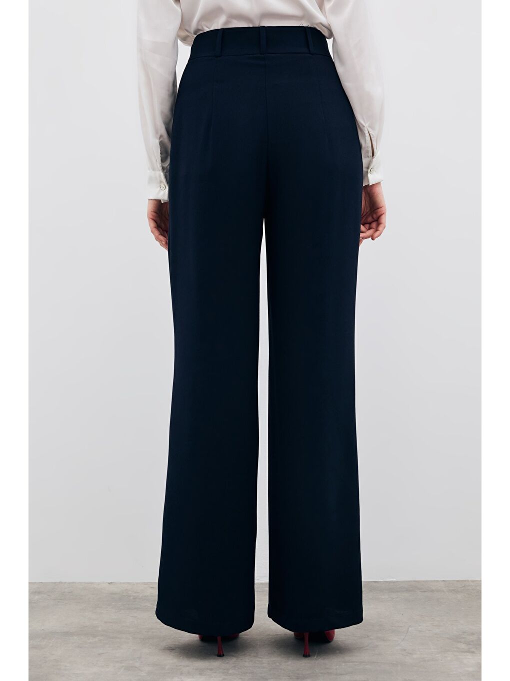 Pileli Krep Pantolon - Lacivert-6