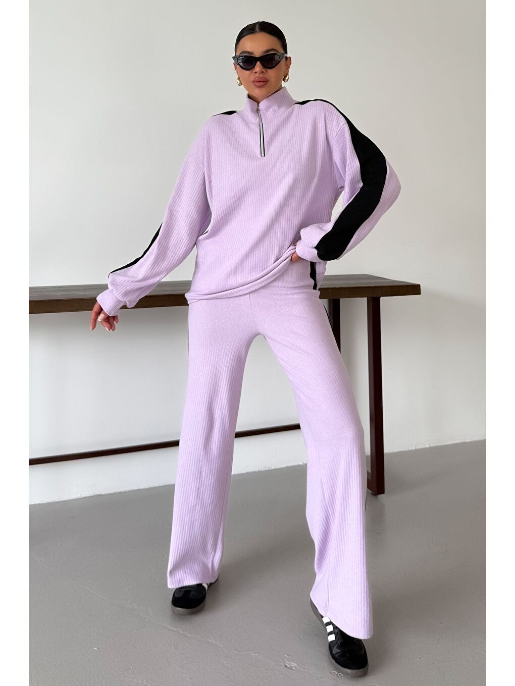 Mor Kadın Eflatun Dik Yaka Yarım Fermuarlı Kalın Çizgi Detaylı Alt-Üst Takım-2