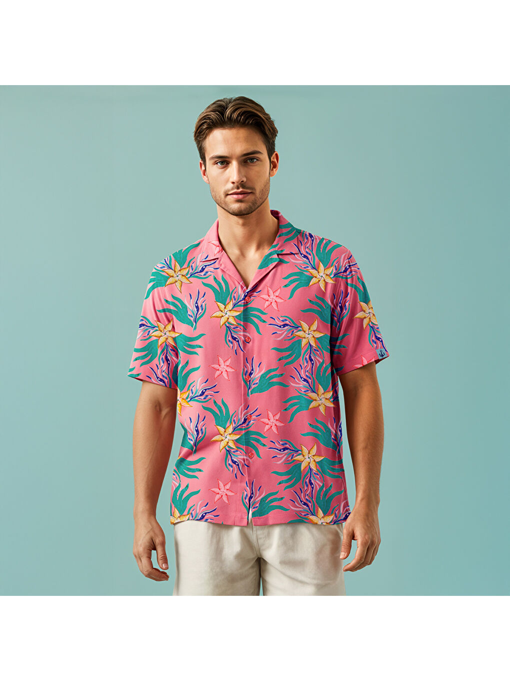 Karışık Mercan Desenli %100 Viskon Yumuşak Nefes Alabilir Kumaşlı Erkek Gömlek-4