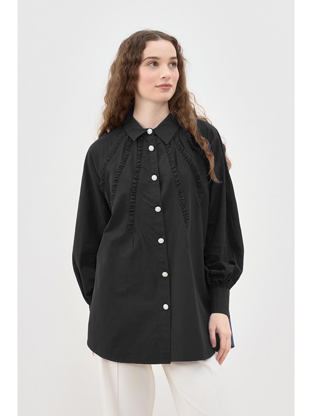 Taşlı Düğme Detaylı Gömlek Tunik 2844 Siyah-2