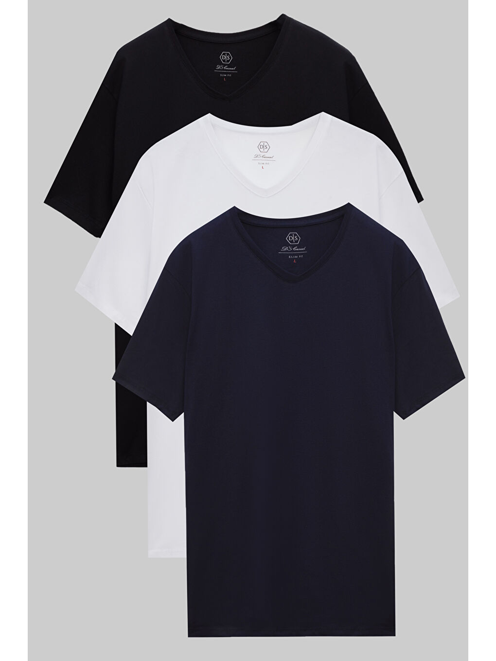 Slim Fit Siyah/Beyaz/Lacivert 3'Lü Set V Yaka T-Shirt
