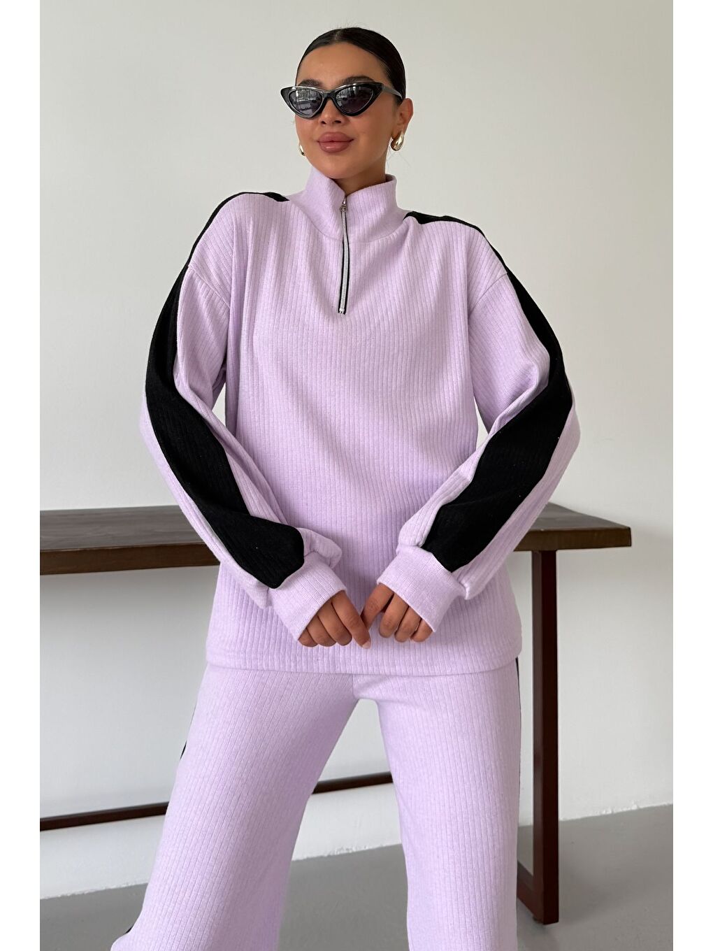 Mor Kadın Eflatun Dik Yaka Yarım Fermuarlı Kalın Çizgi Detaylı Alt-Üst Takım-3