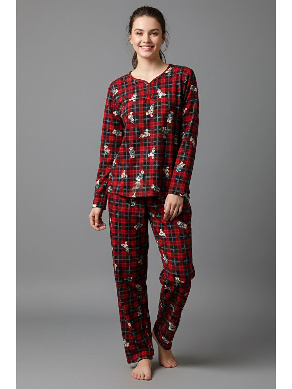 Kırmızı Desenli Süet Pijama Takımı Kirmizi - 28055-KIRMIZI