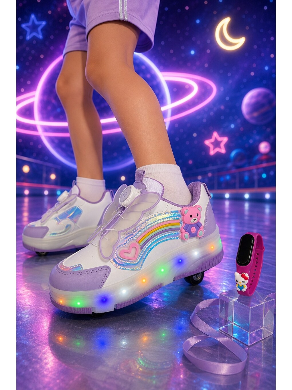 Lila Çocuk Işıklı Patenli Tekerlekli Sneaker Spor Ayakkabı-3