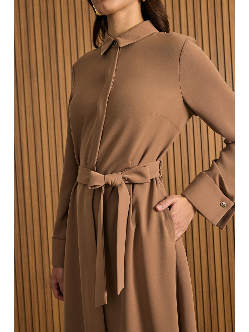 Kahverengi Gömlek Elbise-5