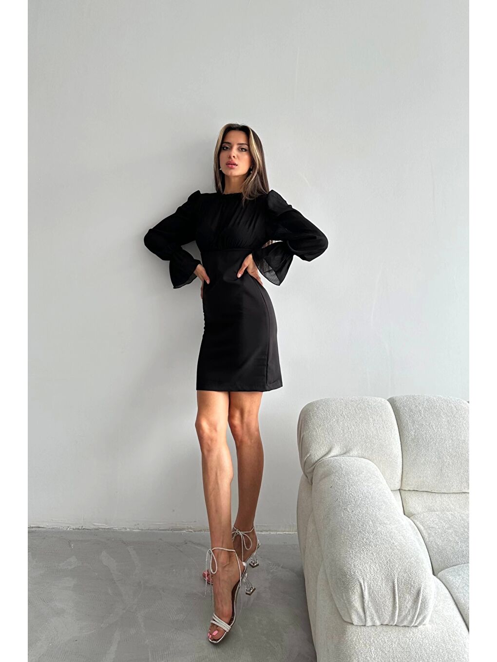 Kadın Siyah Kol Ucu Lastikli Tül Detay Elbise 0291-10642-2