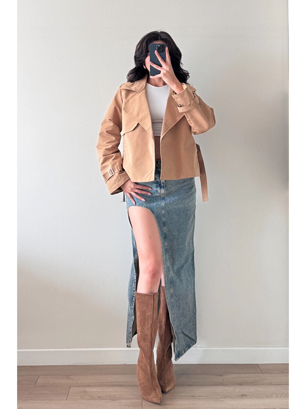 Kahverengi Kadın Camel Kısa Trenç 1041-6061-1