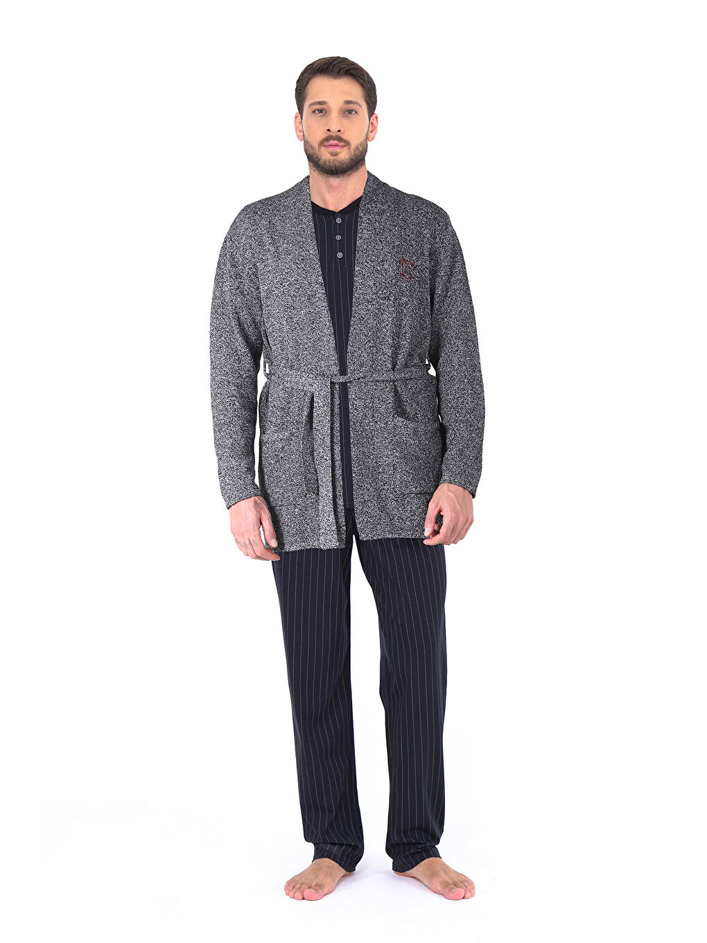 Siyah Çizgi Desen Pijama Triko Rob Set 3 ' lü SİYAH-GRİ