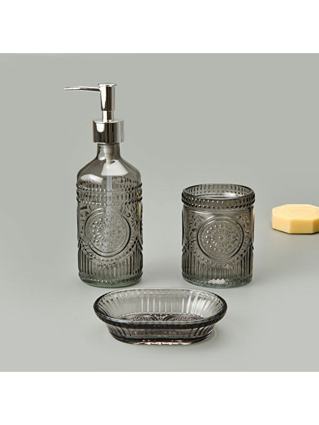 Bath 3'lü Cam Banyo Sıvı Sabunluk Seti - Antrasit-5