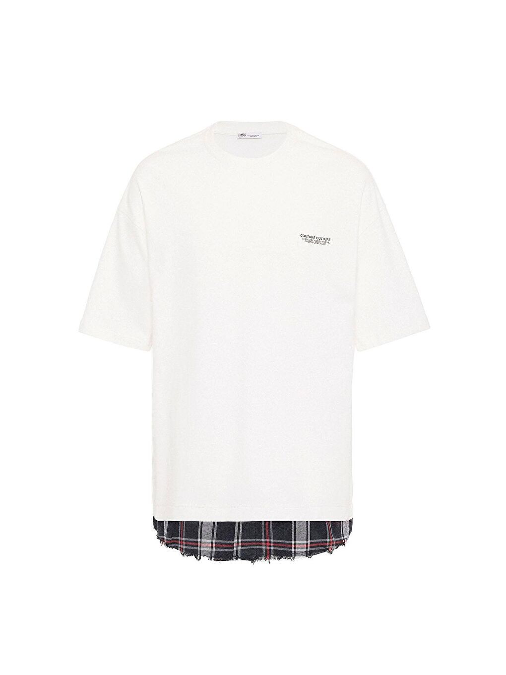 Yıkamalı Oversize Ekose Detaylı Tişört Ekru-1