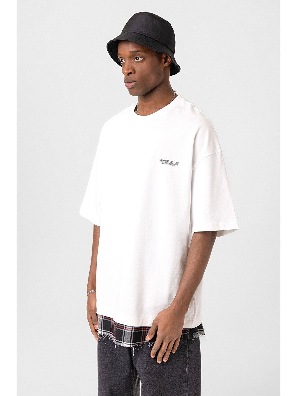 Yıkamalı Oversize Ekose Detaylı Tişört Ekru-2