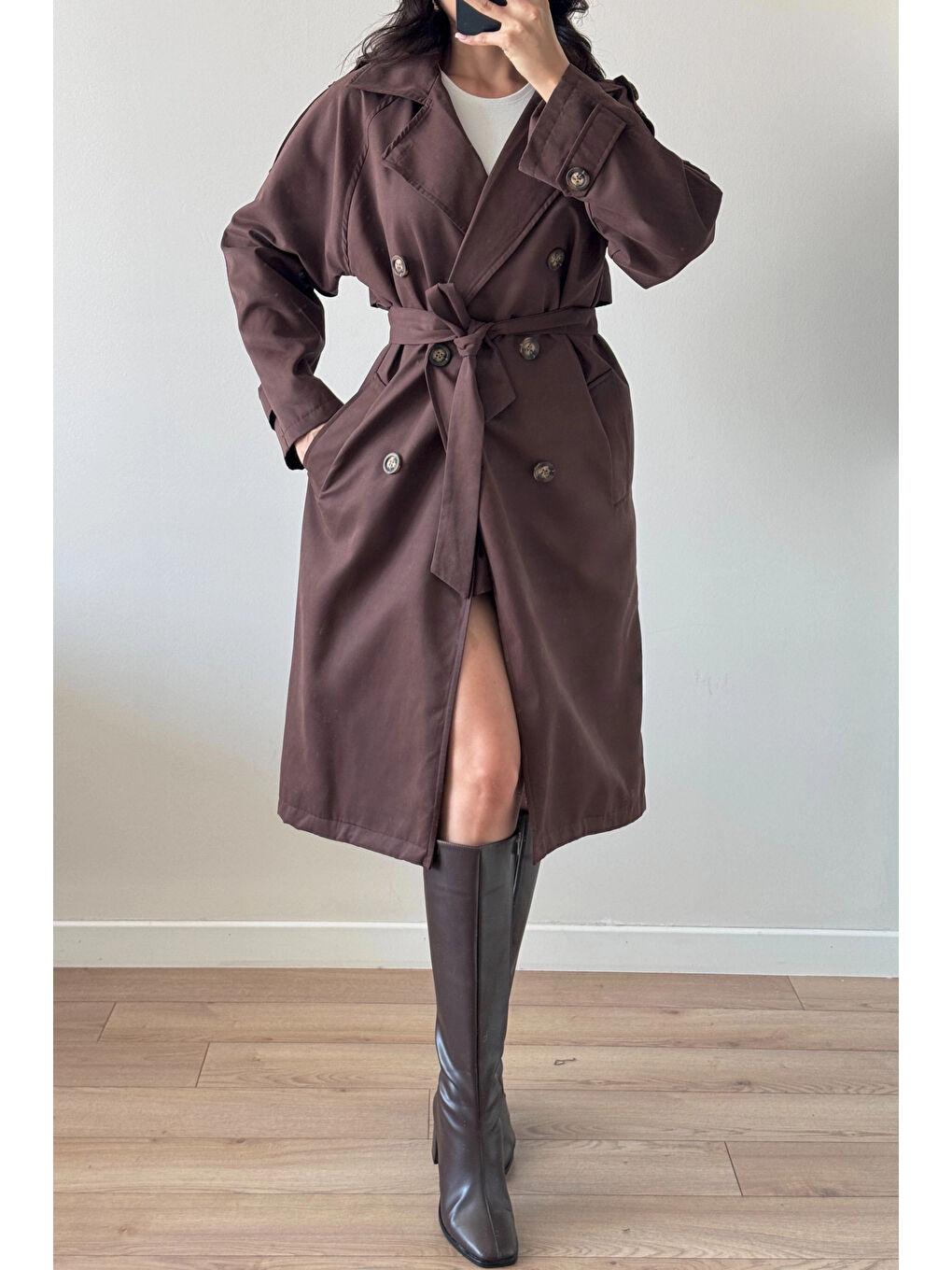 Kahverengi Kadın Kahve Uzun Trenç 1041-5051