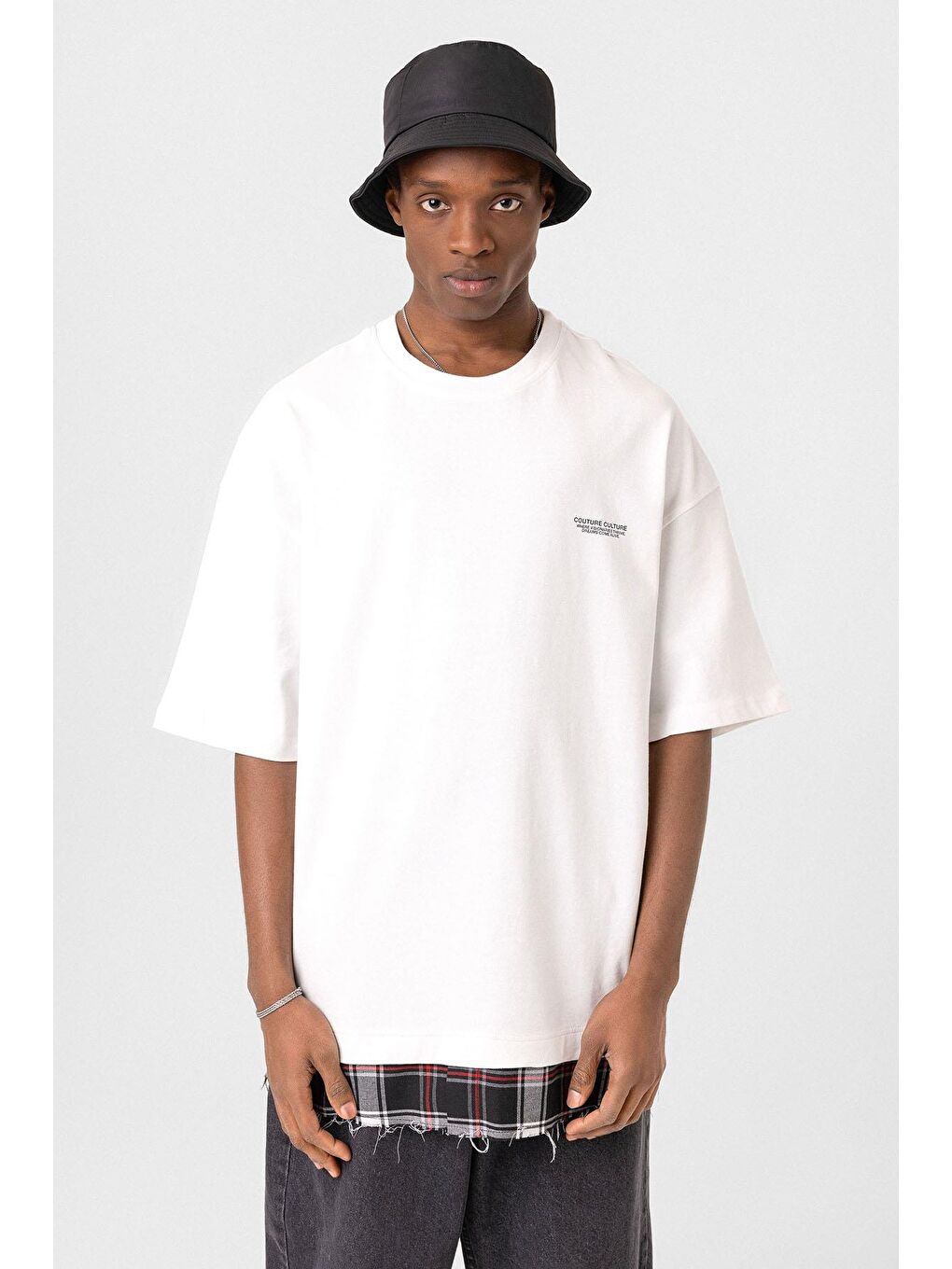 Yıkamalı Oversize Ekose Detaylı Tişört Ekru-4