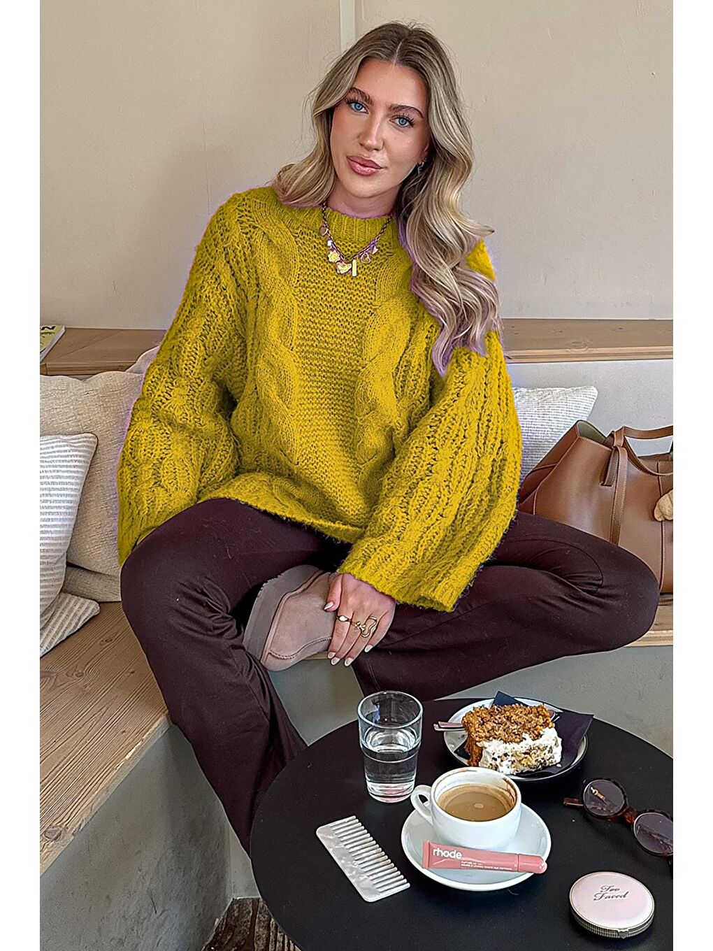 Yeşil Bisiklet Yaka Örgü Desen Kadın Triko Kazak Mg2601