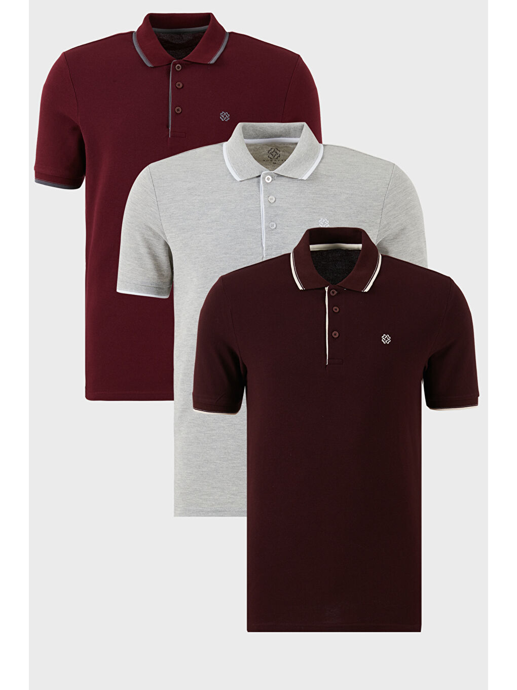 Gri Pamuklu Slim Fit Şerit Detaylı Düğmeli Polo Yaka 3'lü Paket T Shirt 5902118S3