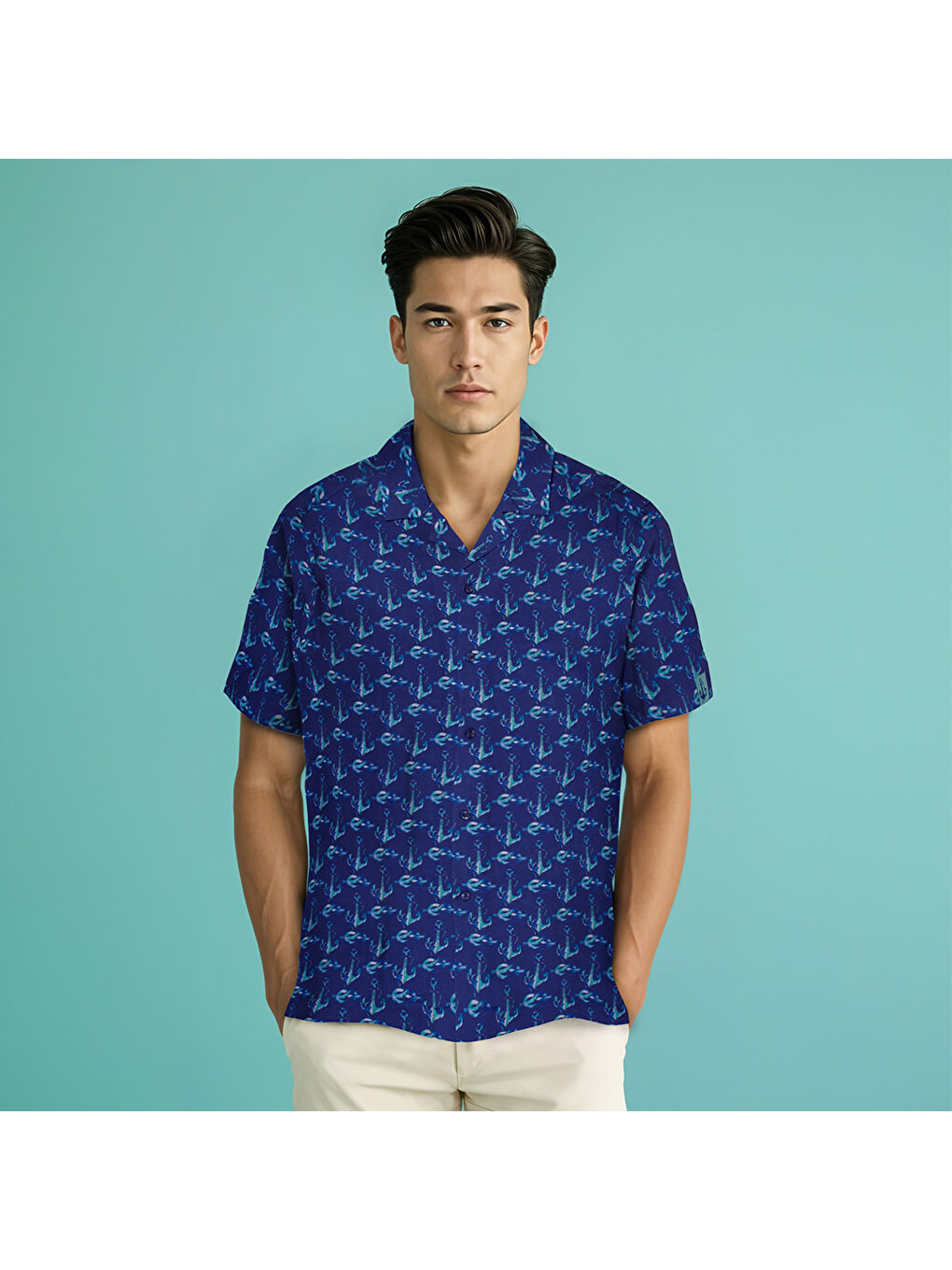 Karışık Çapa Desenli %100 Viskon Yumuşak Nefes Alabilir Kumaşlı Erkek Gömlek-5