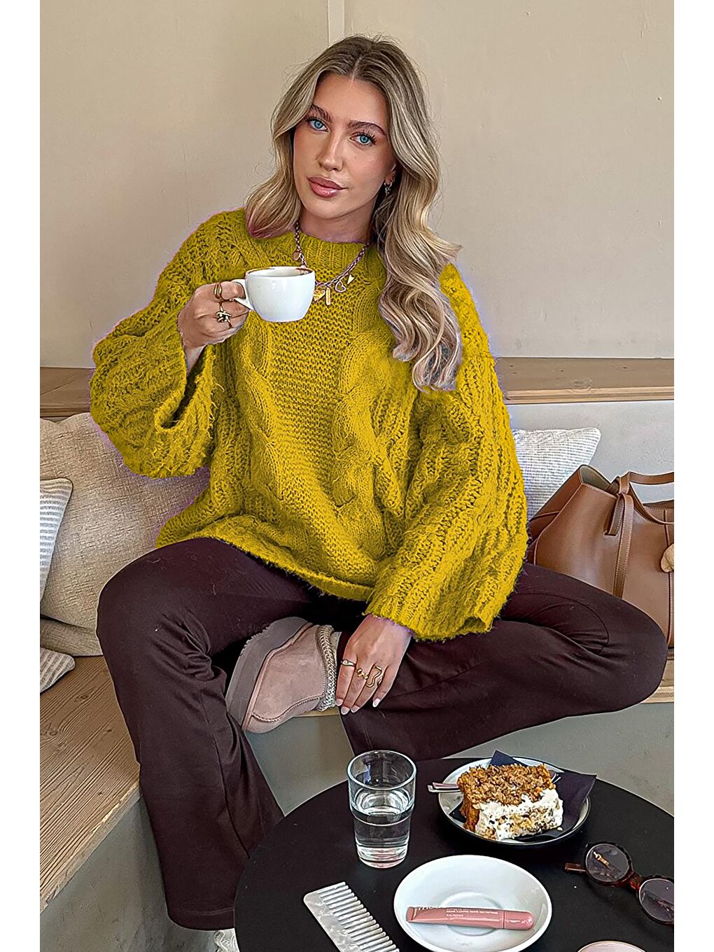 Yeşil Bisiklet Yaka Örgü Desen Kadın Triko Kazak Mg2601-2