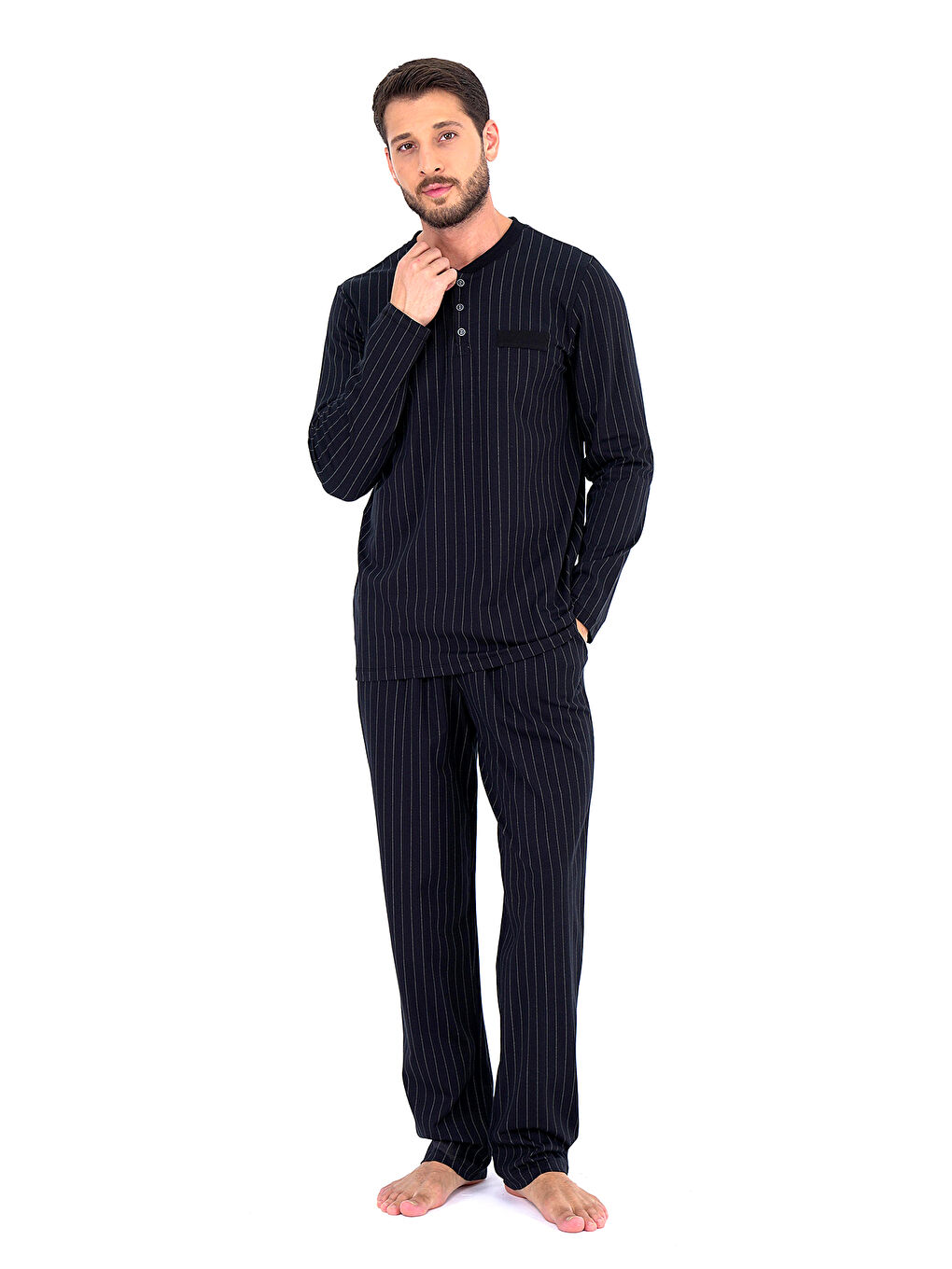 Siyah Çizgi Desen Pijama Triko Rob Set 3 ' lü SİYAH-GRİ-1